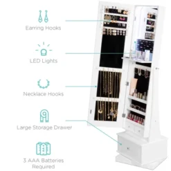 Best Choice Products 360 Swivel Standing Mirrored Jewelry Cabinet, LED-Lit Makeup Organizer W/ Mirror - White -Baxton Studio Store GUEST 8101c648 c246 41fe a99d 84d5be6ee48a