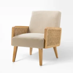 Chloé Cane Arm Chair With Wood Base Living Room Upholstered Accent Chair With Rattan Armrest | Karat Home -Baxton Studio Store GUEST 81462568 bf47 4915 a796 4b07ffb1afd6