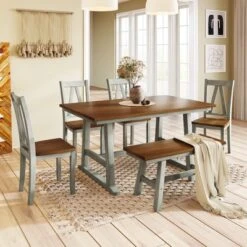 Farmhouse 6-Piece Wood Dining Table Set With Long Bench And 4 Dining Chairs-ModernLuxe 25 Farmhouse 6-Piece Wood Dining Table Set With Long Bench And 4 Dining Chairs-ModernLuxe -Baxton Studio Store GUEST 870b12da f5c7 4e5c aaff 4bff54db7178