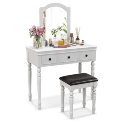 Costway Vanity Table Set Makeup Desk Cushioned Stool 3 Drawer Large Mirror White/Walnut -Baxton Studio Store GUEST 8821c51e e8e4 420a 9c14 c4e33c188562