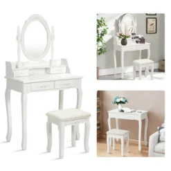 Costway Vanity Wood Makeup Dressing Table Stool 4 Drawers Black/White -Baxton Studio Store GUEST 95b13842 3aa6 4cc7 a7b2 5a3dca2a0d24