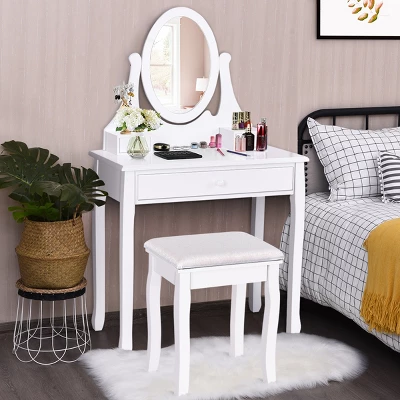 Costway Wooden Vanity Makeup Dressing Table Stool Set Bathroom White 2 Costway Wooden Vanity Makeup Dressing Table Stool Set Bathroom White - Image 2