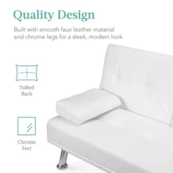 Best Choice Products Modern Faux Leather Convertible Futon Sofa W/ Removable Armrests, Metal Legs, 2 Cupholders - White -Baxton Studio Store GUEST 9e717f59 c899 43a7 aa7c e998c6ba72ad