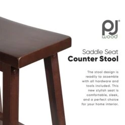 PJ Wood Classic Modern Solid Wood 24 Inch Tall Backless Saddle-Seat Easy Assemble Counter Stool For All Occasions, Walnut (1 Piece)