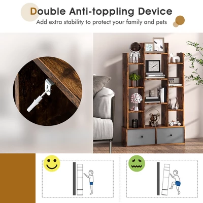 Costway Industrial Bookshelf Rustic Wooden Shelf Organizer With 2 Non-woven Fabric Drawer 7 Costway Industrial Bookshelf Rustic Wooden Shelf Organizer With 2 Non-woven Fabric Drawer - Image 7