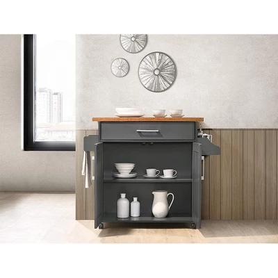 Hodedah Wheeled Kitchen Island Cart With Spice Rack And Towel Holder, Gray/Oak 4 Hodedah Wheeled Kitchen Island Cart With Spice Rack And Towel Holder, Gray/Oak - Image 4