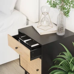 Bonnie Rattan And Wood Storage Side Table Matte Black/Light Mango Wood - Nathan James -Baxton Studio Store GUEST b5176812 b44d 4d35 8784 787435b93c4c