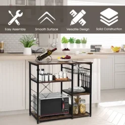 Costway Industrial Kitchen Baker's Rack Microwave Stand Utility Storage Shelf W/ 6 Hooks Steel Black -Baxton Studio Store GUEST bc357fce 1955 4b57 8547 00224f3d8f9d