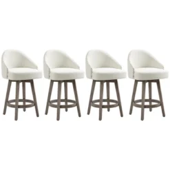 HOMCOM Bar Stools Set Of 4, Linen Fabric Kitchen Counter Stools With Nailhead Trim, Rubber Wood Legs And Footrest For Dining Room, Pub, Cream White -Baxton Studio Store GUEST bdb2c8e6 8dd3 40f9 b385 522dc4945a12