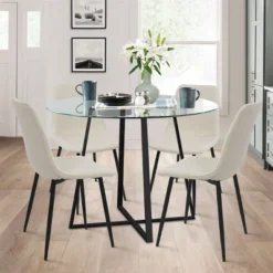 Hana + Bingo 5-Piece Round Clear Glass Dining Table Set With 4 Upholstered Chairs Black Legs - The Pop Maison -Baxton Studio Store GUEST be6d2c65 2f6b 4bcb 8e6e 0c8ce24d29b6