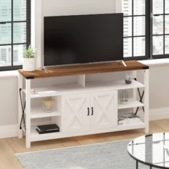 60" Brayden Modern Farmhouse TV Stand For TVs Up To 64" With Storage Cabinets White/Rustic Oak - Taylor & Logan