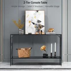 Costway 2 Tier Console Table Narrow Accent Side Entryway Table Metal Frame Black -Baxton Studio Store GUEST ca0198b3 c32c 4911 9832 98a74bc53e82