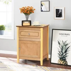 Costway 2PCS Nightstand With Drawer Accent Side End Table Storage Cabinet WhiteNatural -Baxton Studio Store GUEST cc446f3e ef12 48d6 9919 7ce2fb0b82f3