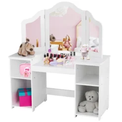 Costway Vanity Table Set Makeup Dressing Kids Girls Study Table Tri Folding Mirror WhitePink -Baxton Studio Store GUEST ccce7273 e5aa 4888 aca5 c6351d396604