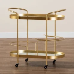 Kamal Glam Brushed Metal And Mirrored Glass 2 Tier Mobile Wine Bar Cart Gold - Baxton Studio -Baxton Studio Store GUEST cec5221e 8a4a 40ff bd36 045de721c876
