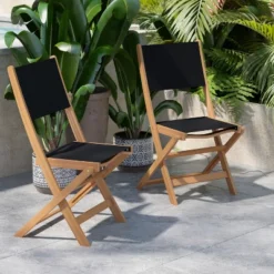 Flash Furniture 2PK All-Weather Acacia Wood Folding Bistro Chairs-Mesh Back/Seat-Natural/Black -Baxton Studio Store GUEST d92941d5 c91e 45d2 923b 782471b739a8