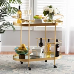 Kamal Glam Brushed Metal And Mirrored Glass 2 Tier Mobile Wine Bar Cart Gold - Baxton Studio -Baxton Studio Store GUEST d97d153f 9a72 407e 8820 5274887d8b57