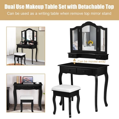 Costway Vanity Makeup Dressing Table Set W/Stool 4 Drawer&Mirror Jewelry Wood Desk Black 5 Costway Vanity Makeup Dressing Table Set W/Stool 4 Drawer&Mirror Jewelry Wood Desk Black - Image 5