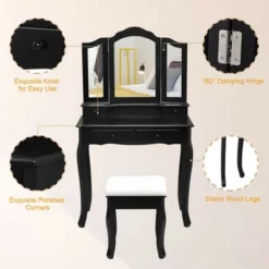 Costway Vanity Makeup Dressing Table Set W/Stool 4 Drawer&Mirror Jewelry Wood Desk Black 15 Costway Vanity Makeup Dressing Table Set W/Stool 4 Drawer&Mirror Jewelry Wood Desk Black -Baxton Studio Store GUEST db63acb7 9f60 4e96 9f19 4db3fc6ece25