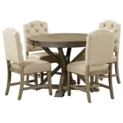 5 PCS Extendable Wood Dining Table Set With Round Table And 4 Upholstered Chairs-ModernLuxe -Baxton Studio Store GUEST ddf10eab 54c3 45ea 8aa2 f0be88c4d19f