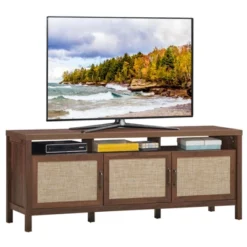 Tangkula Universal TV Stand Cabinet Television Media Console With 3 Rattan Doors Grey Oak Walnut -Baxton Studio Store GUEST e497deaf 894f 4818 8120 46c5e846f34c