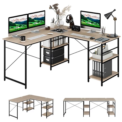 Costway 95'' Convertible L-shaped Corner Computer Desk 2-Person Long Desk Shelves Rustic/Black/Grey/Natural 13 Costway 95'' Convertible L-shaped Corner Computer Desk 2-Person Long Desk Shelves Rustic/Black/Grey/Natural - Image 13