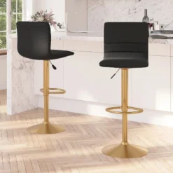 Merrick Lane Set Of 2 Contemporary Height Adjustable Swivel Stools With Back And Pedestal Base With Footrest
