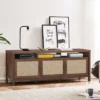 Tangkula Universal TV Stand Cabinet Television Media Console With 3 Rattan Doors Grey Oak Walnut