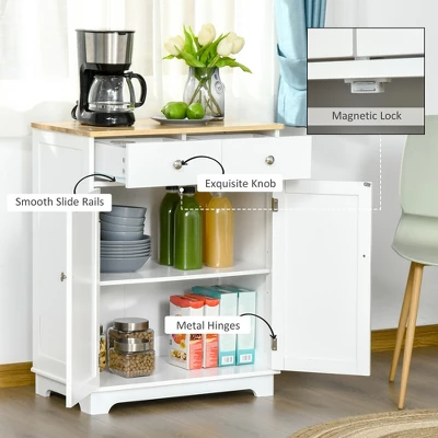 HOMCOM Kitchen Storage Cabinet, Sideboard Floor Cupboard With Solid Wood Top, Adjustable Shelf, And 2 Drawers For Living Room, And Hallway 7 HOMCOM Kitchen Storage Cabinet, Sideboard Floor Cupboard With Solid Wood Top, Adjustable Shelf, And 2 Drawers For Living Room, And Hallway - Image 7