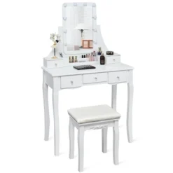 Tangkula LED Vanity Table Makeup Dresser Desk W/Drawers &Cushioned Stool Black/Brown/White -Baxton Studio Store GUEST f42a0f80 ca14 4f2e b7de fbf29363efa6