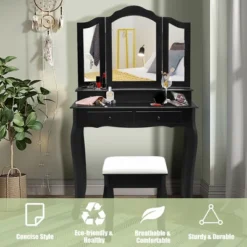 Costway Vanity Makeup Dressing Table Set W/Stool 4 Drawer&Mirror Jewelry Wood Desk Black 14 Costway Vanity Makeup Dressing Table Set W/Stool 4 Drawer&Mirror Jewelry Wood Desk Black -Baxton Studio Store GUEST f9169438 b43c 413e a694 bc0b3179f5e2