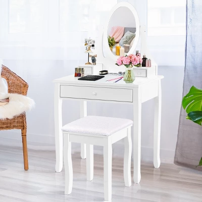 Costway Wooden Vanity Makeup Dressing Table Stool Set Bathroom White 7 Costway Wooden Vanity Makeup Dressing Table Stool Set Bathroom White - Image 7