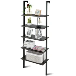 Costway 5-Tier Ladder Shelf Wood Wall Mounted Bookshelf W/Metal Frame Display Shelf